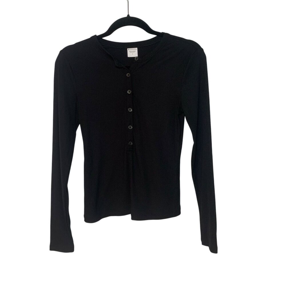 Athleta Black Signature Rib Long Sleeve Henley Top S Casual Athleisure Comfy